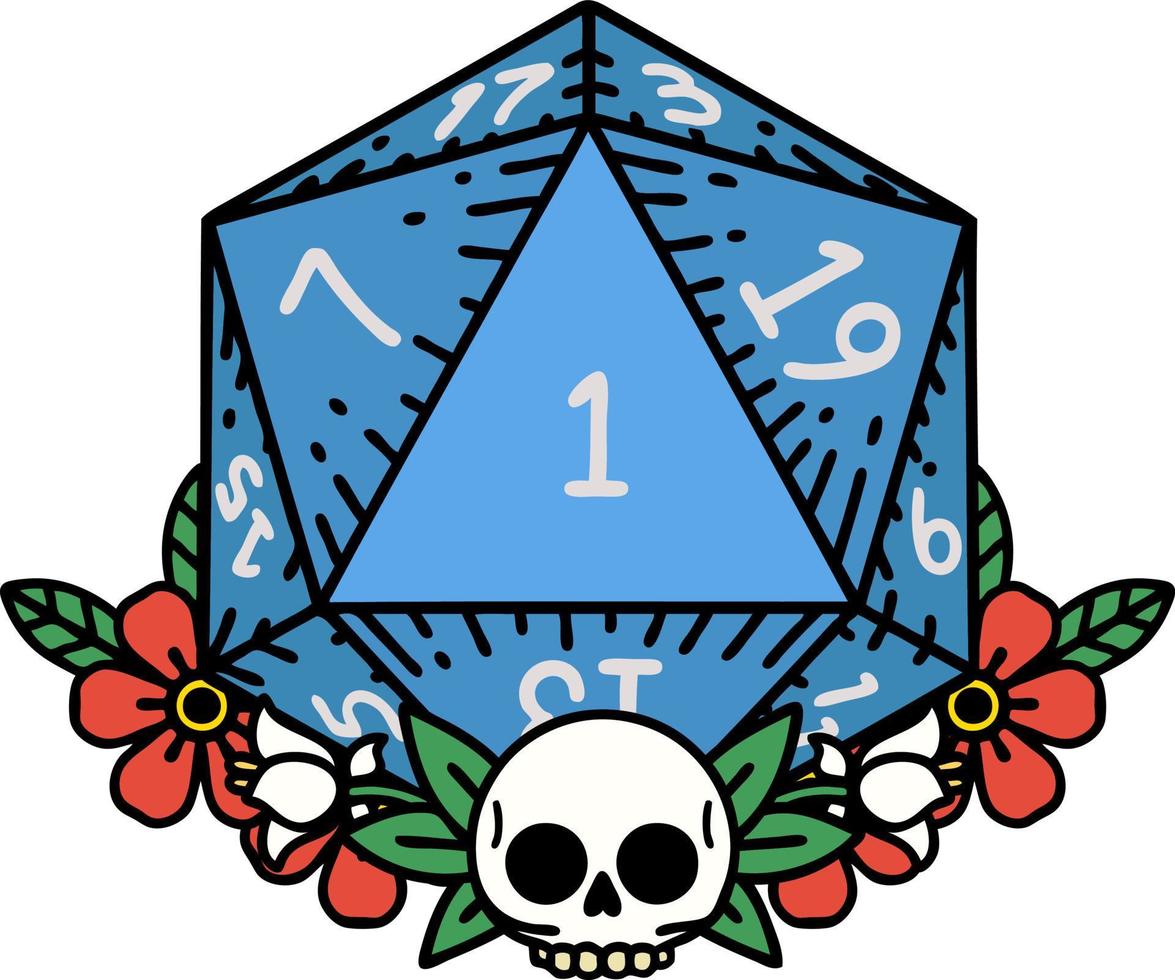 Retro Tattoo Style natural one dice roll with floral elements vector