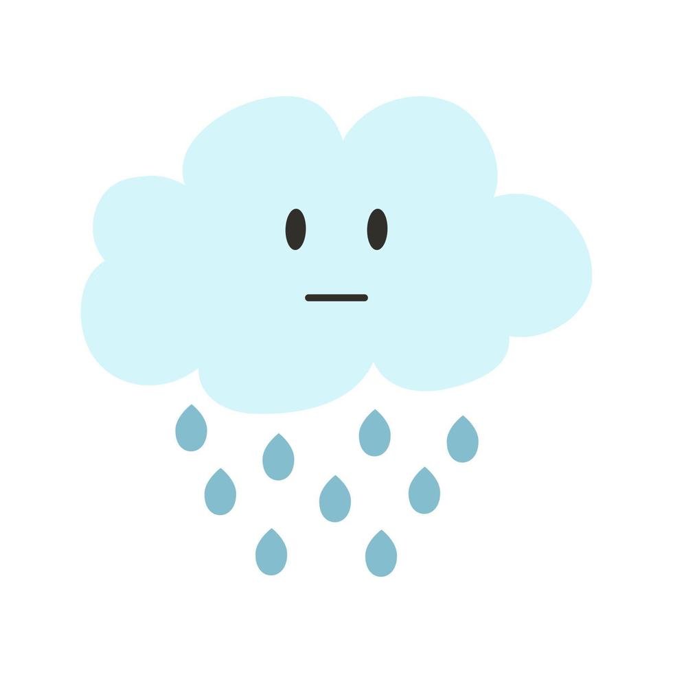 Cute kawaii cloud icon with rain in cartoon flat style. Vector illustration of weather symbol for print, poster, children design