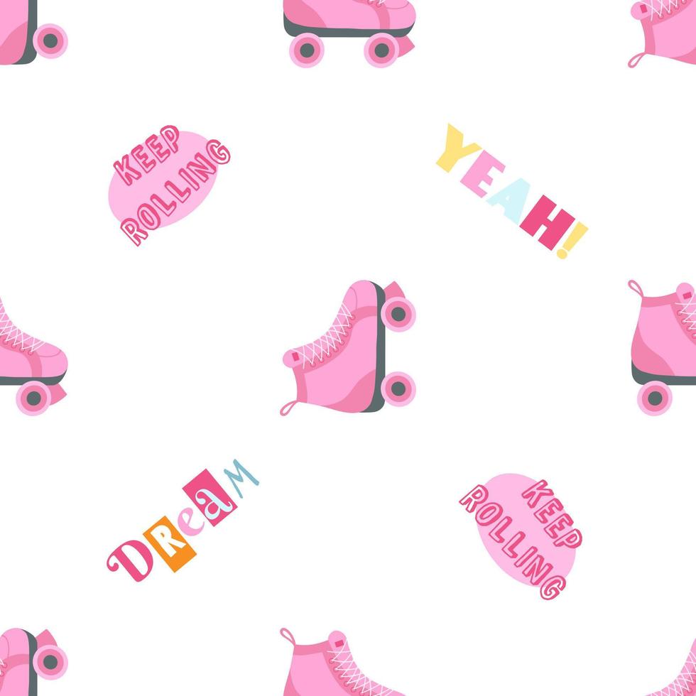Seamless pattern with retro roller skates in cartoon style. Classic 80s 90s fashion elements, vintage background, nostalgia 1980 1990 vector