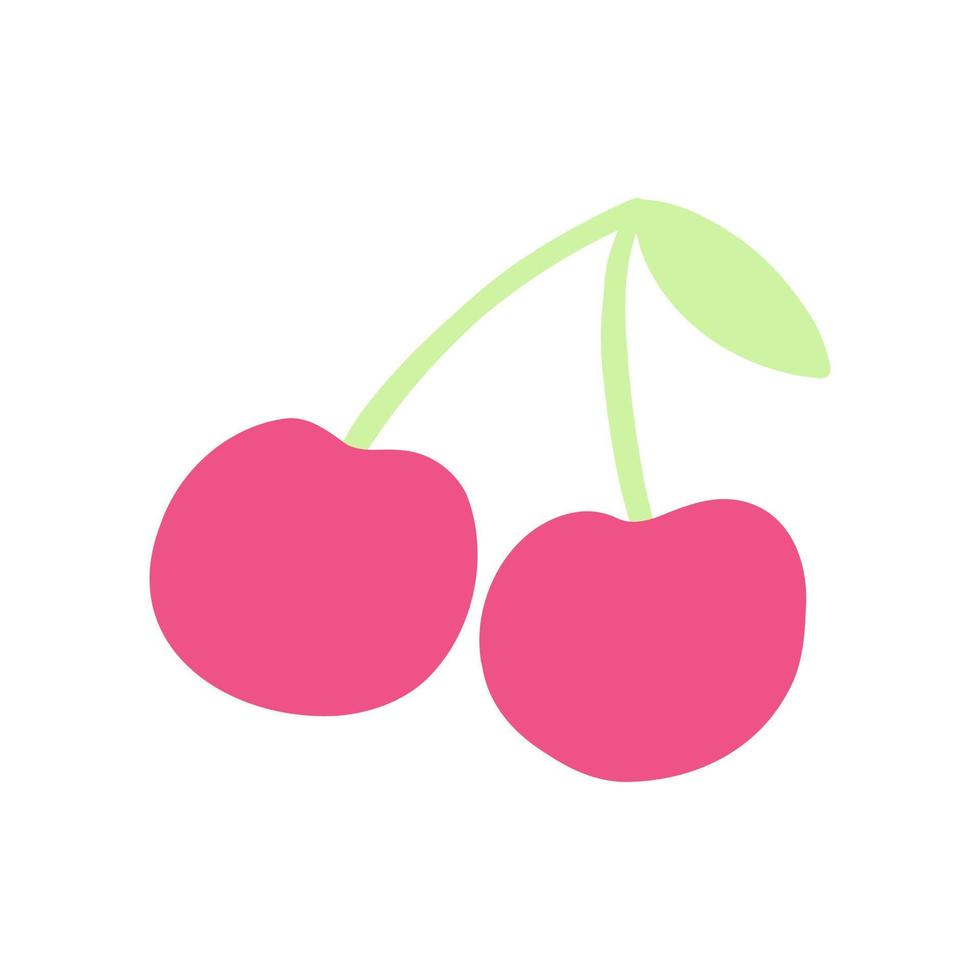 Retro cherry icon in hand drawn cartoon style. Flat vector illustration of pop girly sticker, sweet fruit, colorful berry in 1990s style