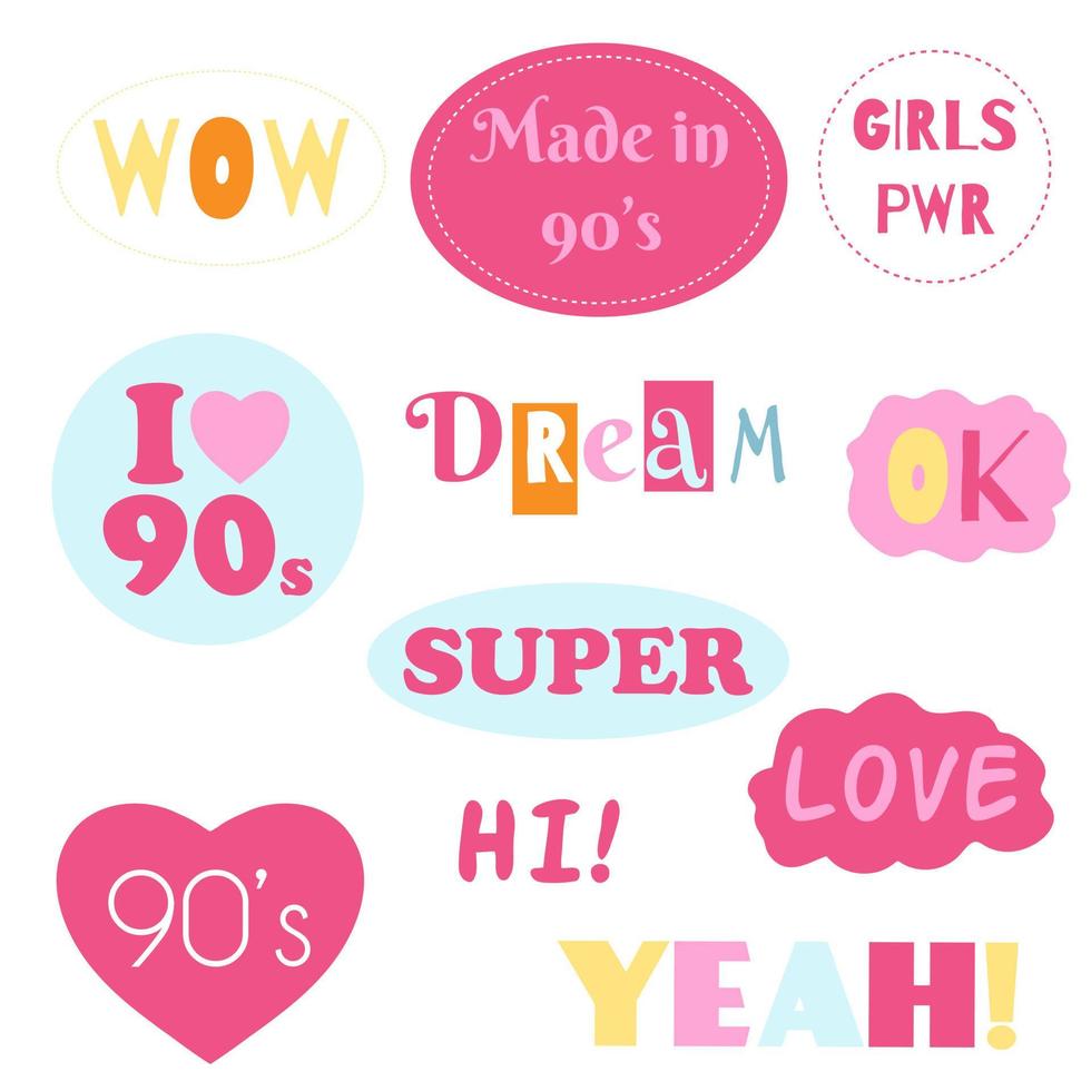 Fashion collection of stickers girly 90s. Vector illustration of hand drawn patches, pins in pink color. Nostalgia 1990