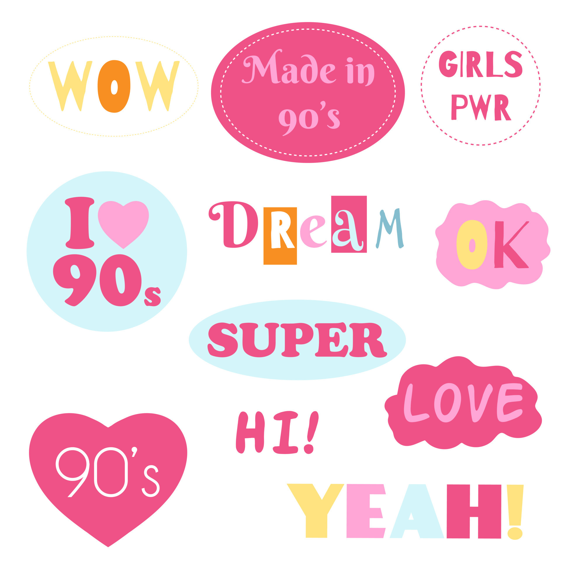 Fashion collection of stickers girly 90s. Vector illustration of hand ...