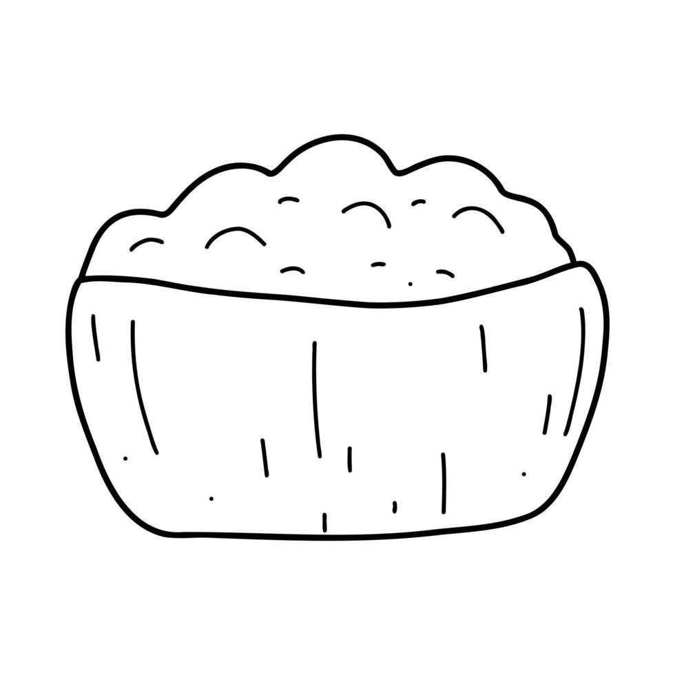 Doodle flour, powde rin bowl. Vector illustration of organic healthy food, baking ingredients