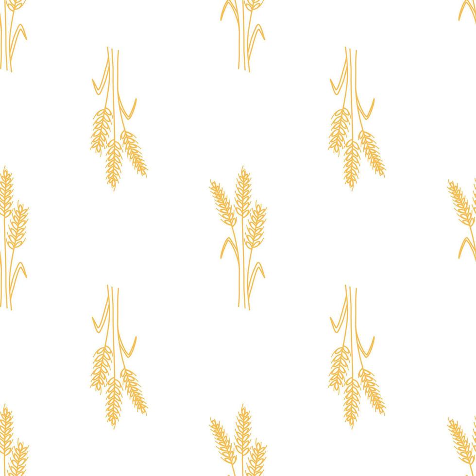 Seamless pattern with doodle spikelets and grains of wheat on white background. Vector sketch illustration for backery packaging, flour production, agriculture, harvest design