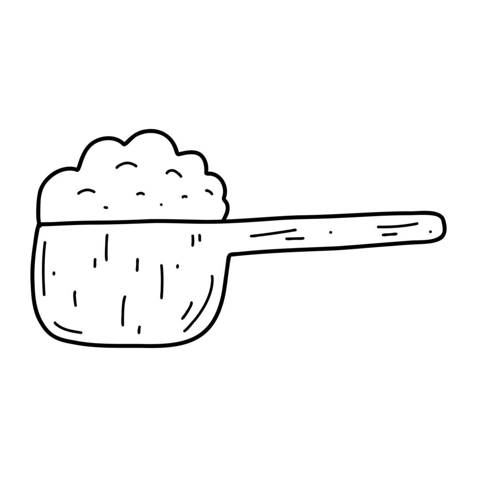 cuchara de madera de fideos con harina. boceto ilustración vectorial de cereales, azúcar, polvo, copos de coco vector