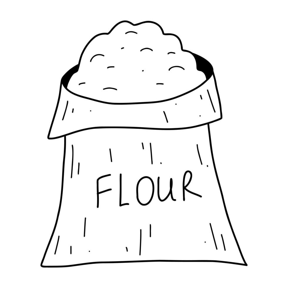 Doddle burlap bag of flour. Outline vector sketch illustration of sack with wheat, farming food element