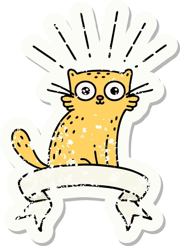 worn old sticker of a tattoo style surprised cat vector