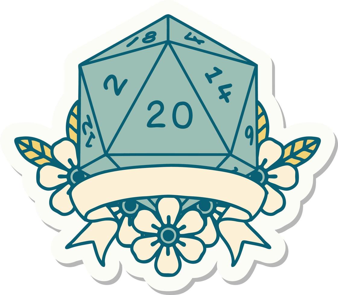 sticker of a natural 20 critical hit D20 dice roll vector