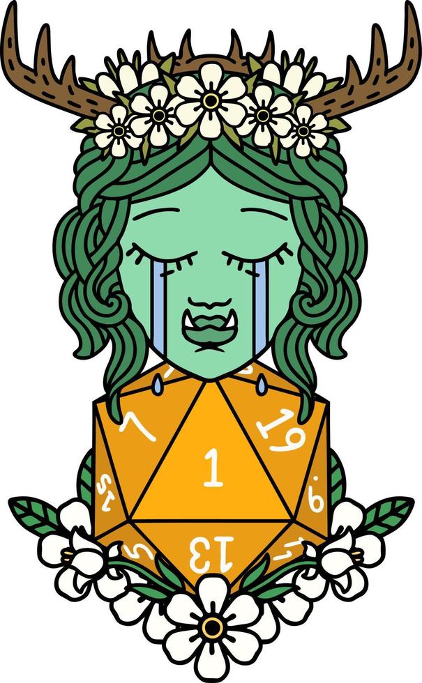 Retro Tattoo Style sad half orc druid character with natural one dice roll vector