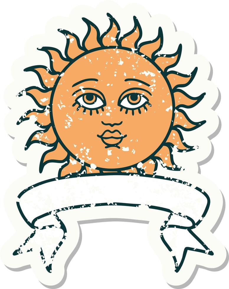 worn old sticker with banner of a sun with face vector