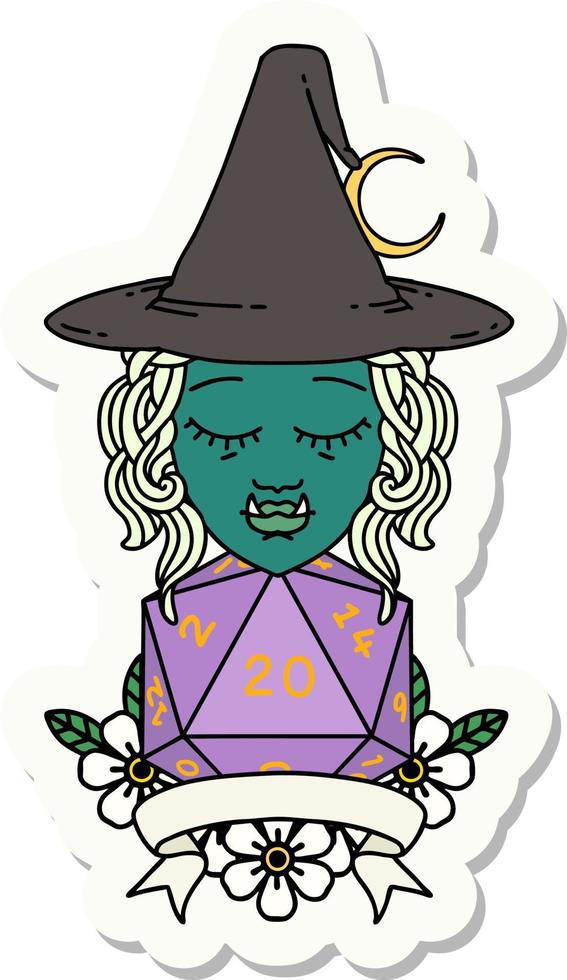 pegatina de un personaje de bruja medio orco con tirada natural de 20 dados vector