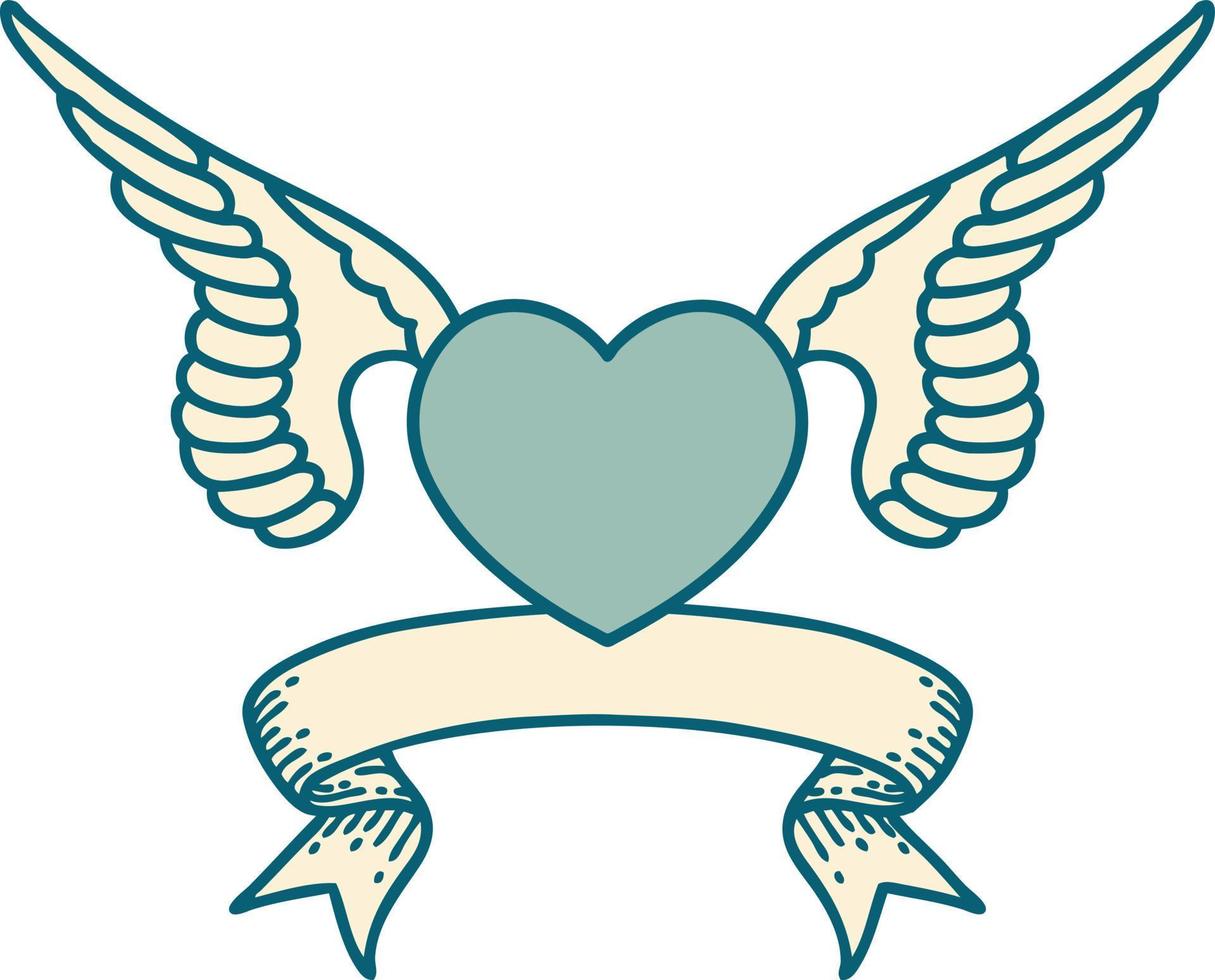 traditional tattoo with banner of a heart with wings vector