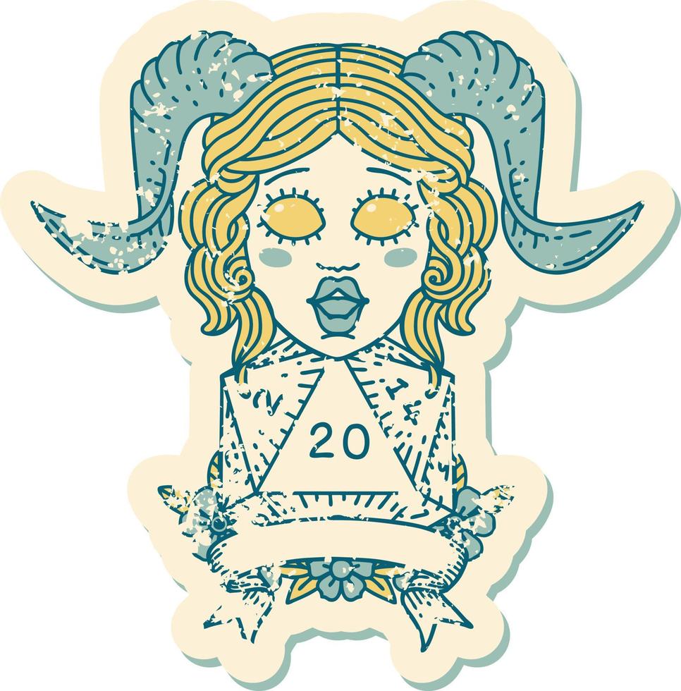 Retro Tattoo Style tiefling with natural 20 D20 roll vector