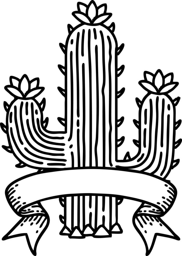 tatuaje de línea negra tradicional con pancarta de un cactus vector