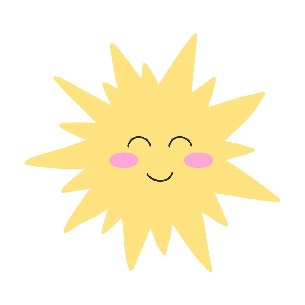 Hand drawn sun icon with happy face. Cartoon vector illustration of sunshine, girly sticker, flat style