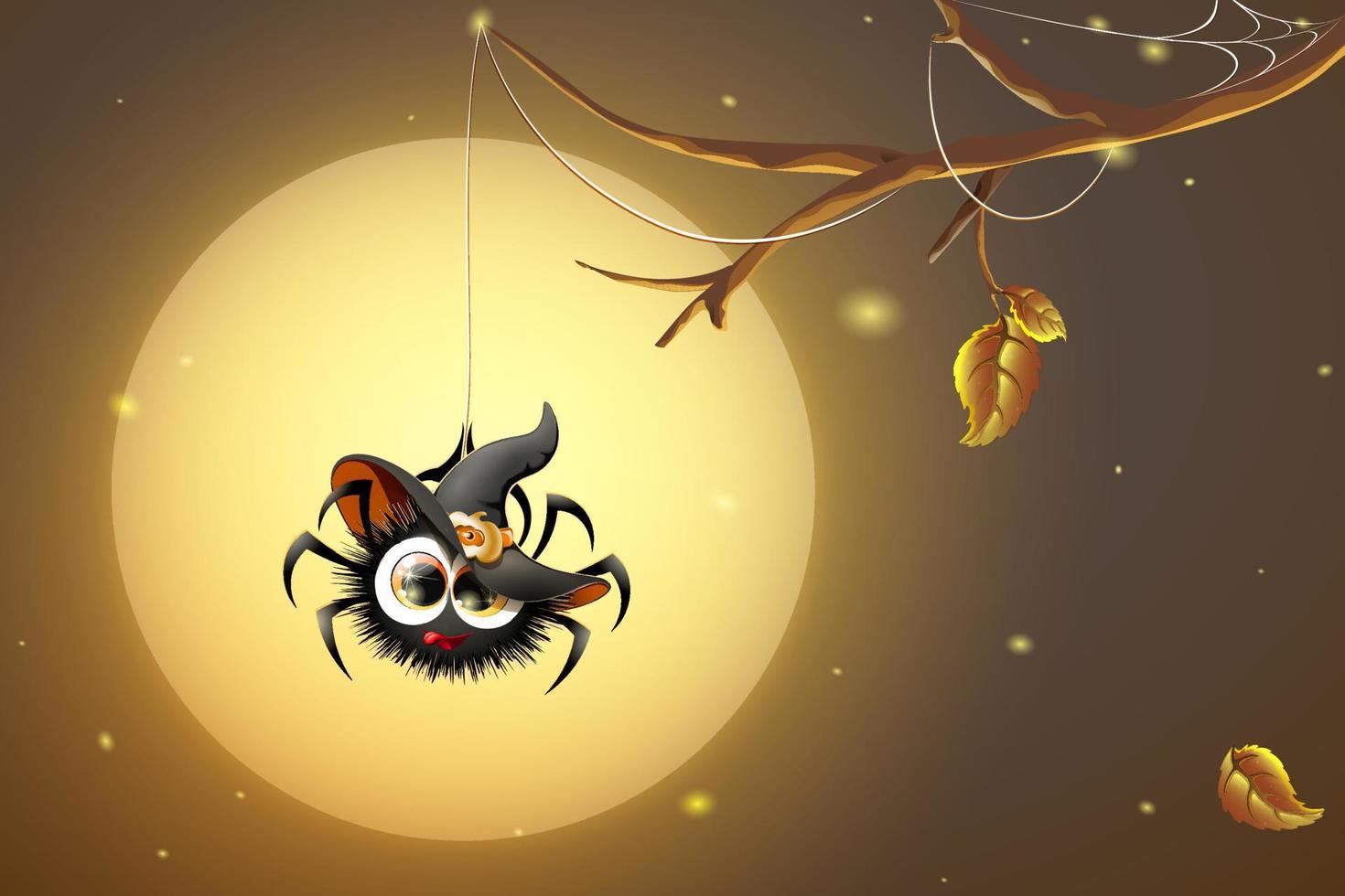 Linda araña esponjosa de dibujos animados con sombrero de bruja colgando de su telaraña en el fondo de la luna llena vector