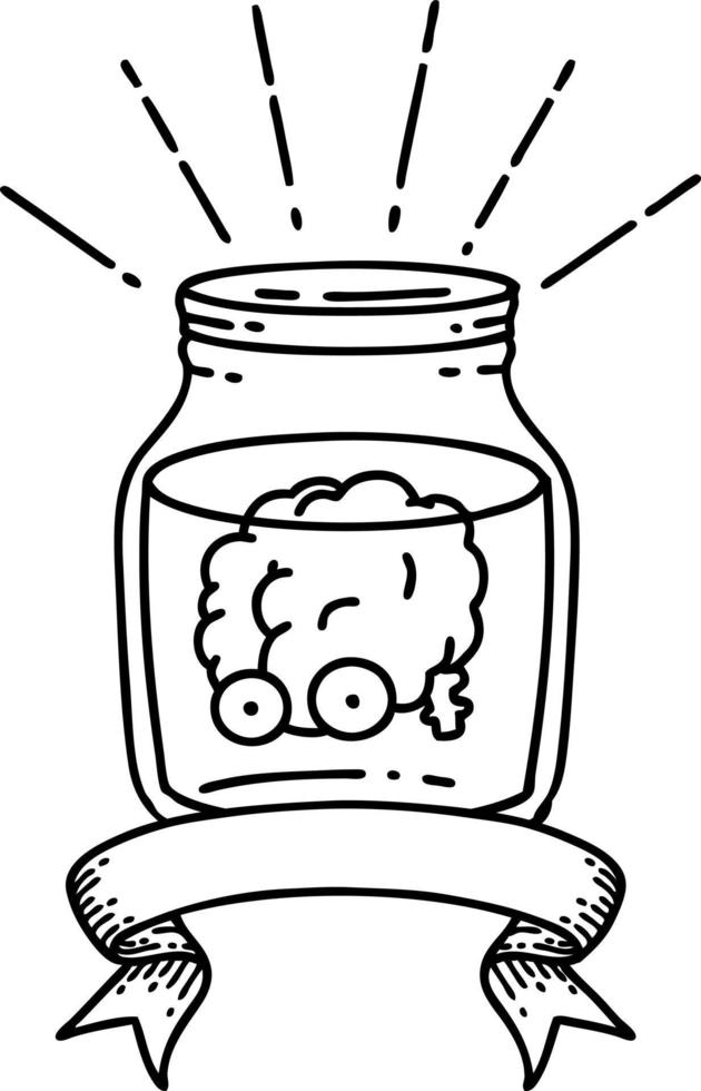 scroll banner with black line work tattoo style brain in jar vector