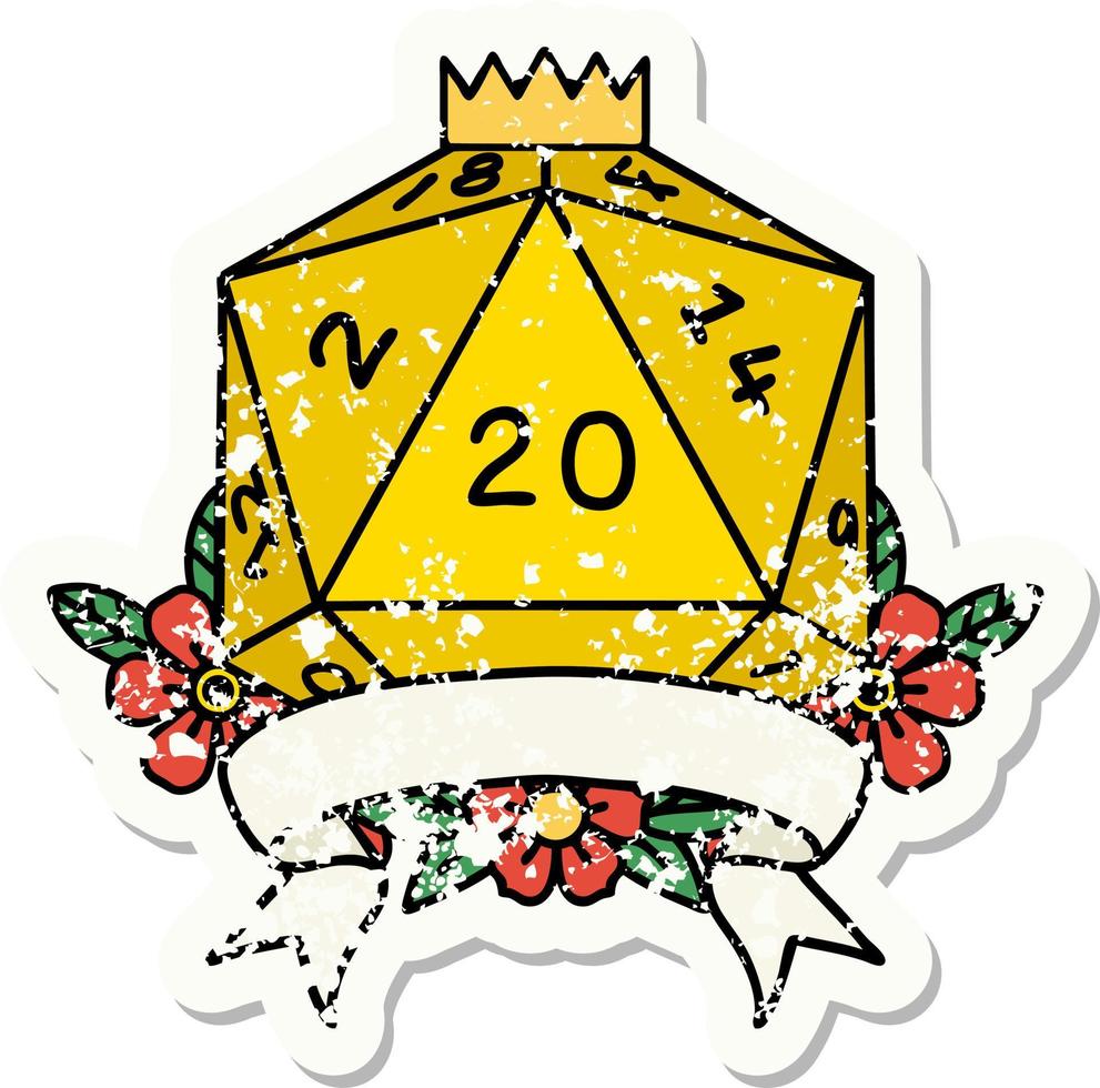 Retro Tattoo Style natural 20 critical hit D20 dice roll vector