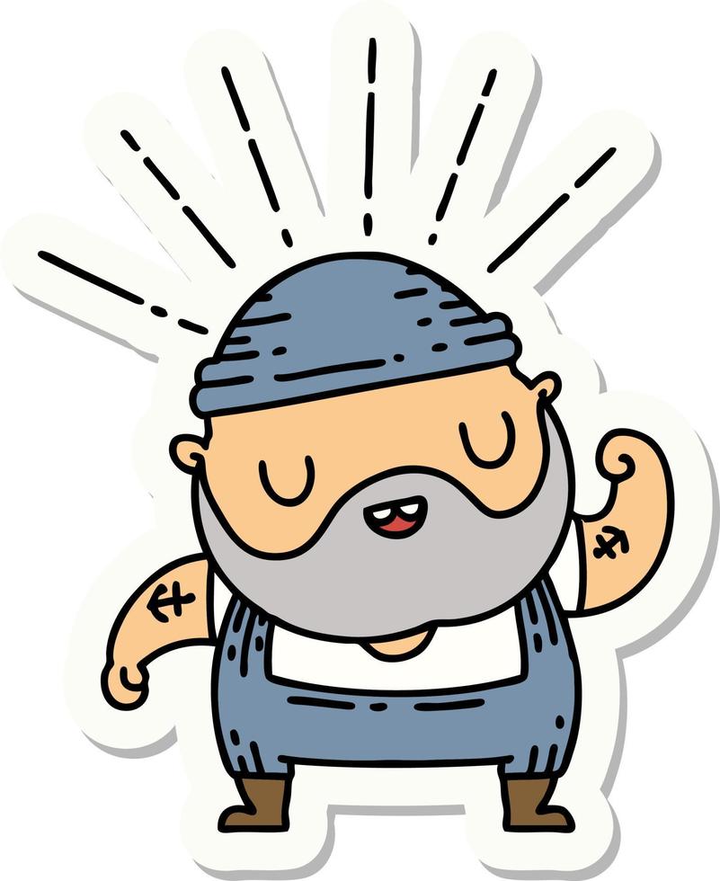 sticker of a tattoo style bearded man flexing bicep vector