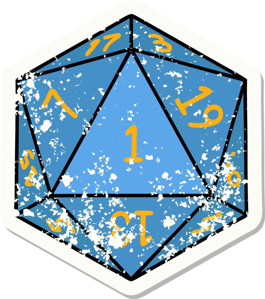 grunge sticker of a natural 1 D20 dice roll vector