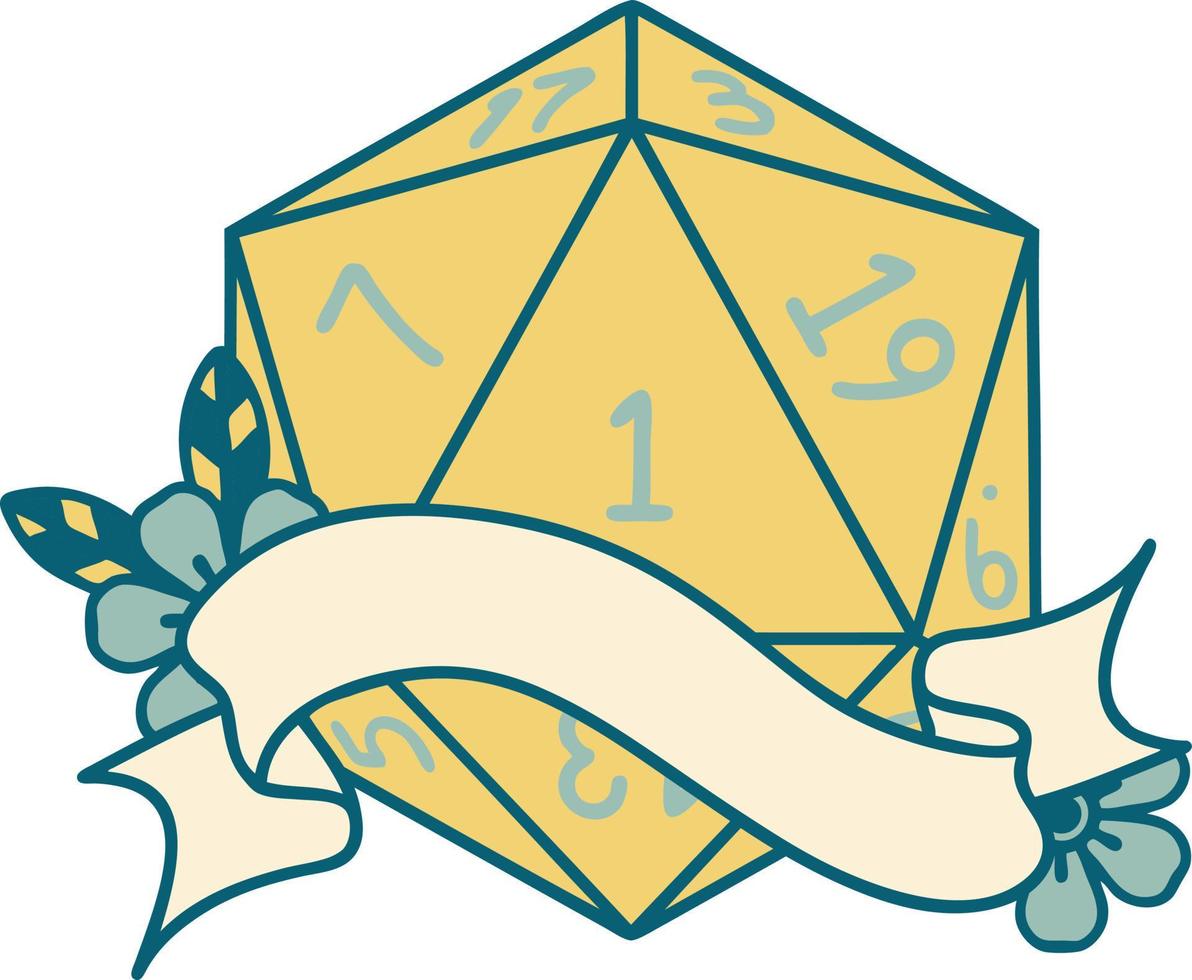 Retro Tattoo Style natural one d20 dice roll vector