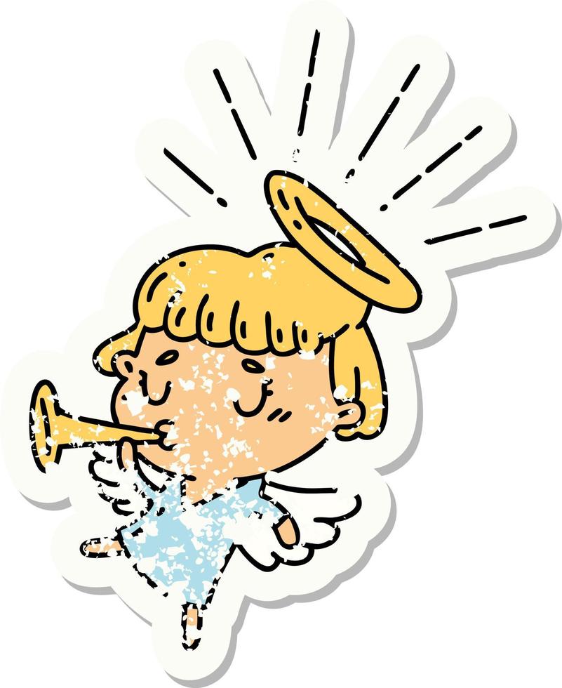 worn old sticker of a tattoo style angel blowing trumpet vector