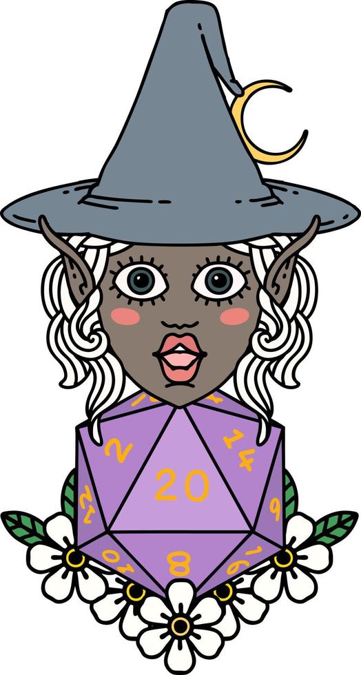 Retro Tattoo Style elf mage character with natural twenty dice roll vector