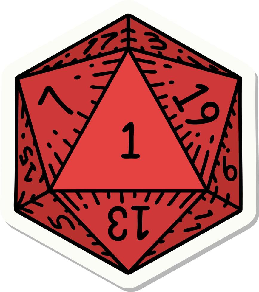 sticker of a natural 1 D20 dice roll vector