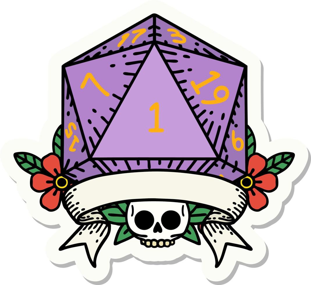 sticker of a natural one d20 dice roll vector