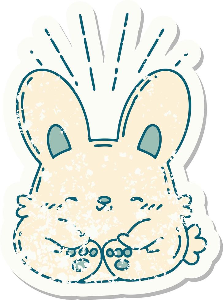worn old sticker of a tattoo style happy rabbit vector