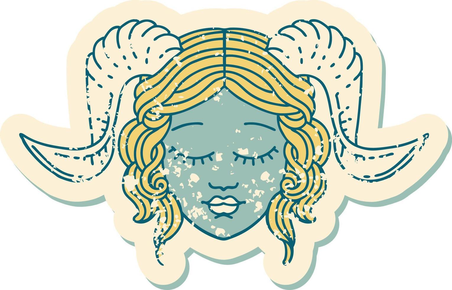 grunge sticker of a tiefling character face vector