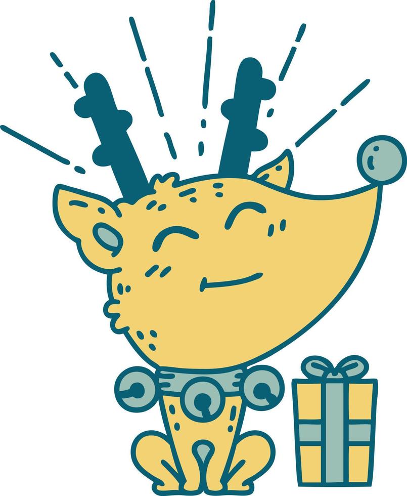 illustration of a traditional tattoo style christmas reindeer with present vector