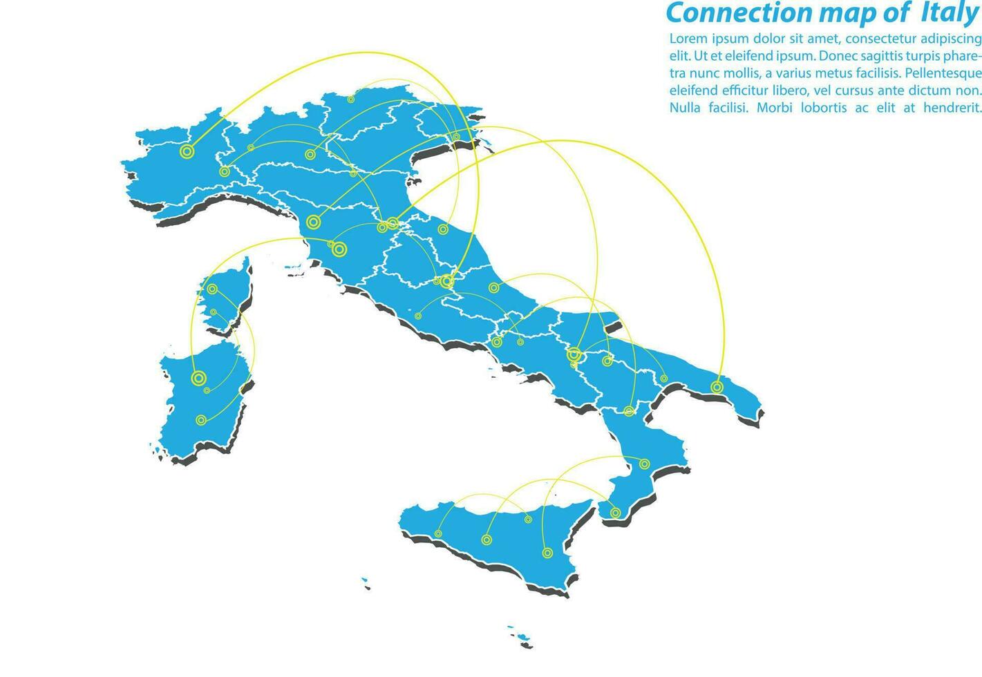 moderno diseño de red de conexiones de mapas de italia, el mejor concepto de internet del negocio de mapas de italia a partir de series de conceptos, punto de mapa y composición de líneas. mapa infográfico. ilustración vectorial vector