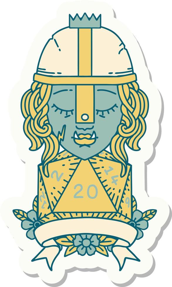 sticker of a half orc fighter with natural twenty dice roll vector