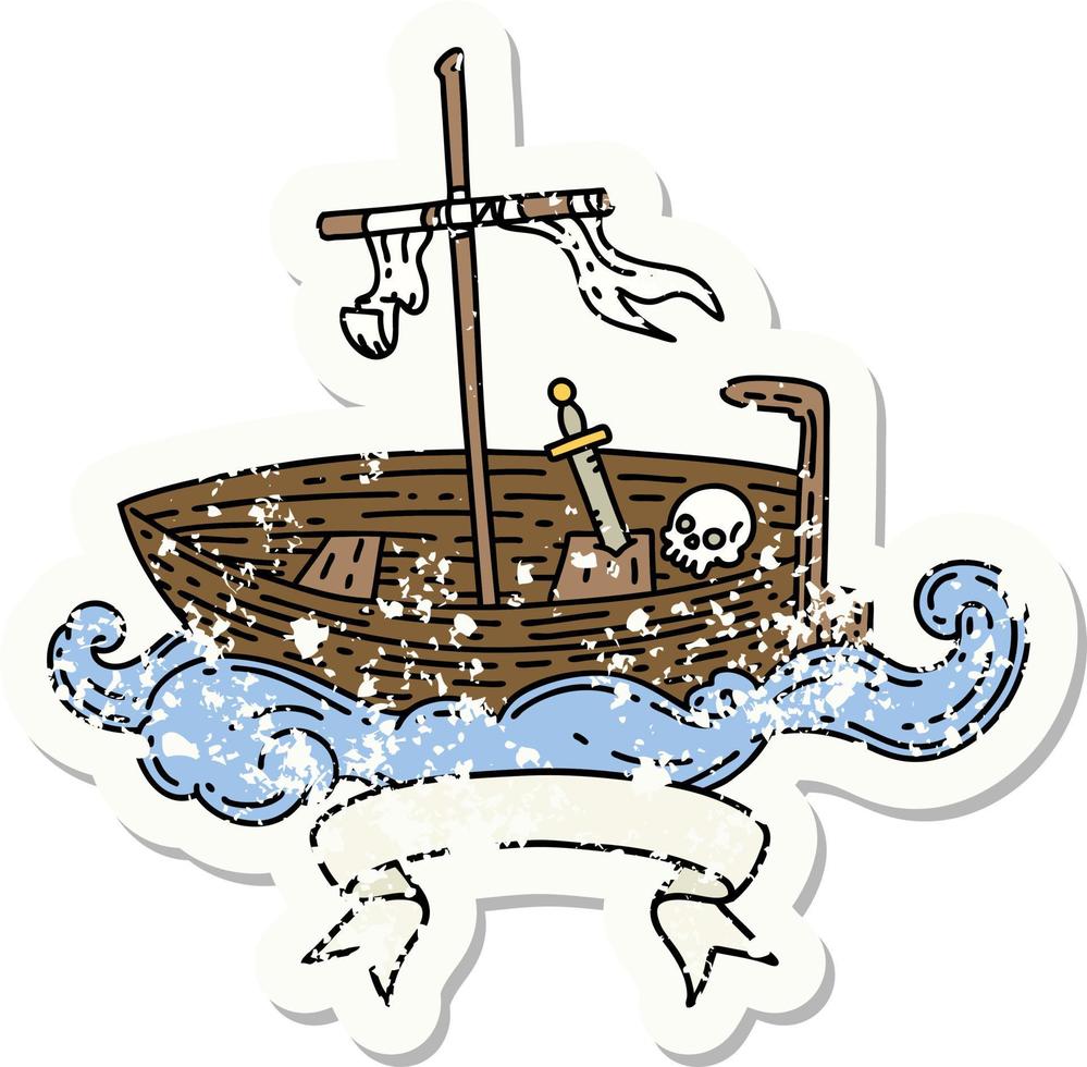 worn old sticker of a tattoo style empty boat with skull vector