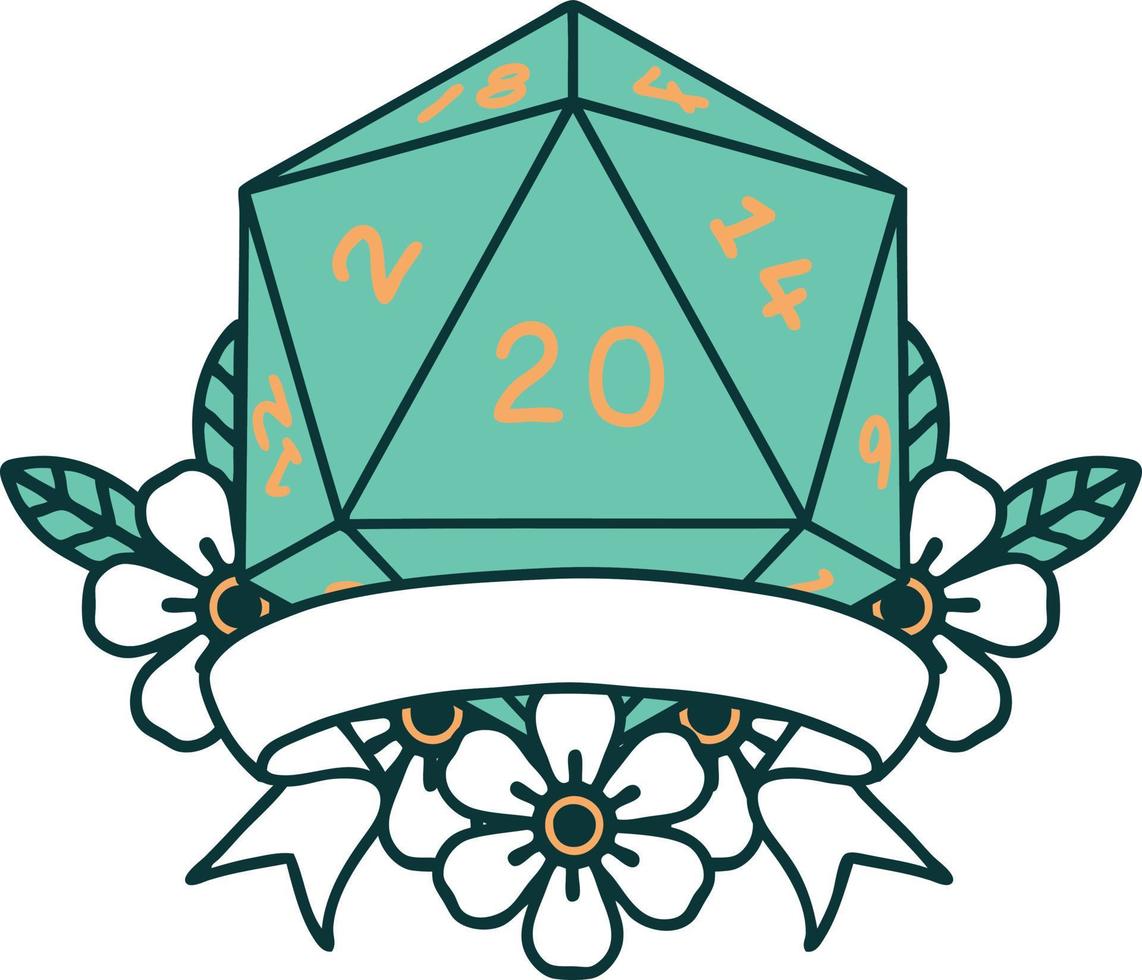 Retro Tattoo Style natural 20 critical hit D20 dice roll vector
