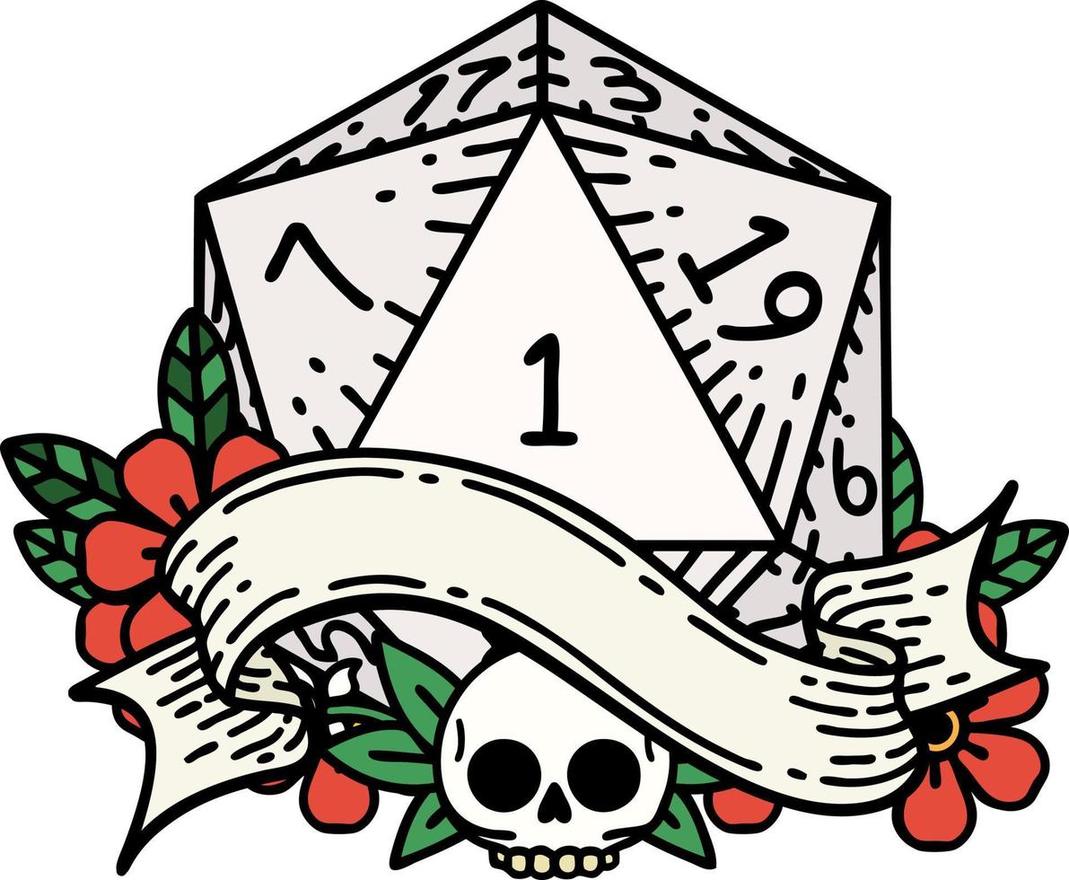 Retro Tattoo Style natural one d20 dice roll vector