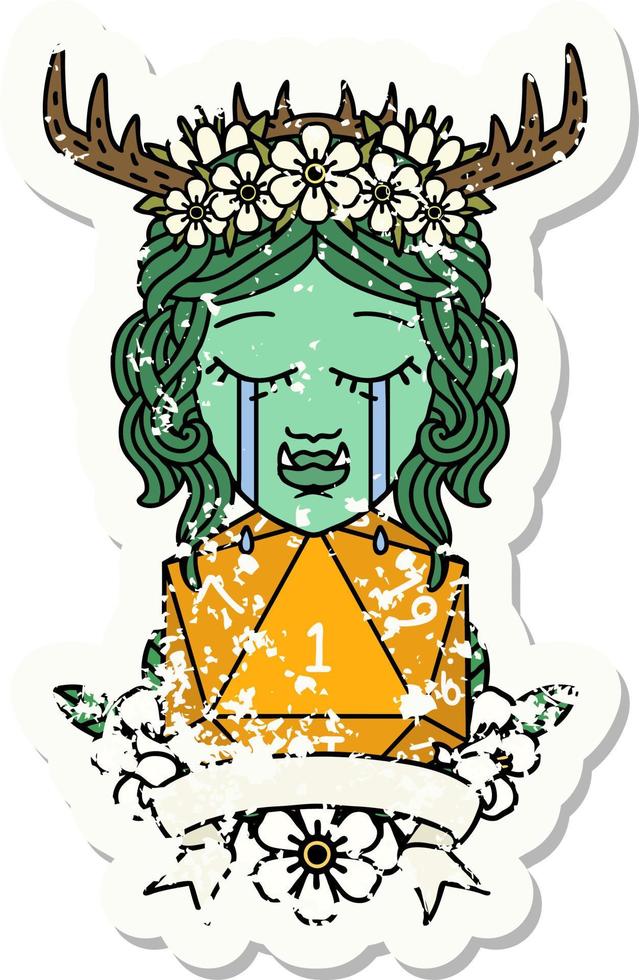 Retro Tattoo Style crying orc druid character with natural one roll vector