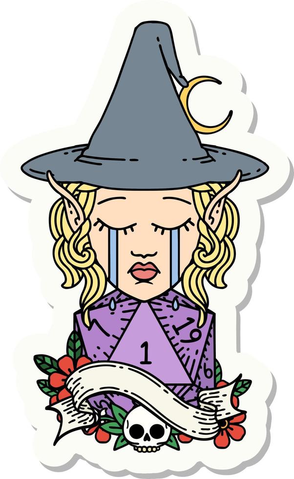 sticker of a crying elf mage character face with natural one D20 roll vector