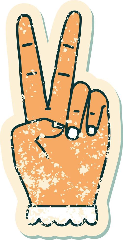 grunge sticker of a peace symbol two finger hand gesture vector