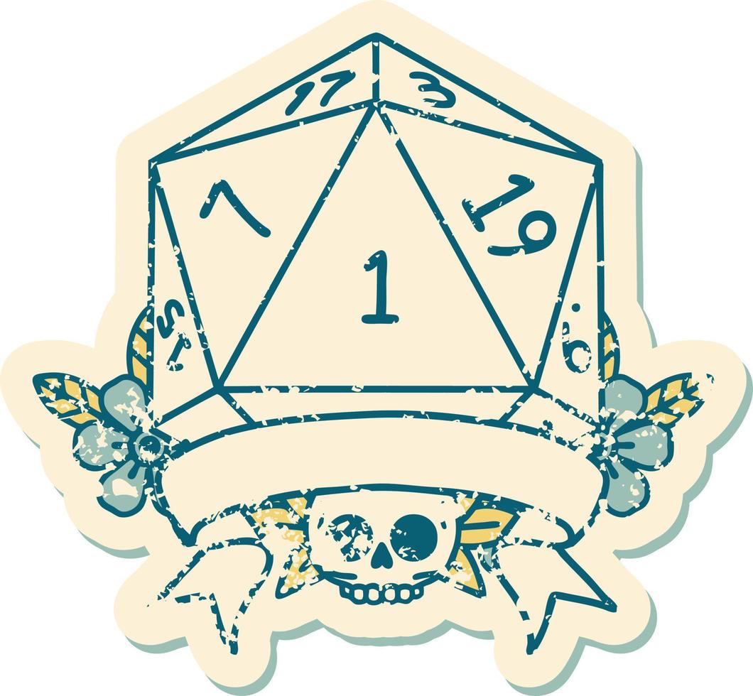 Retro Tattoo Style natural one d20 dice roll vector
