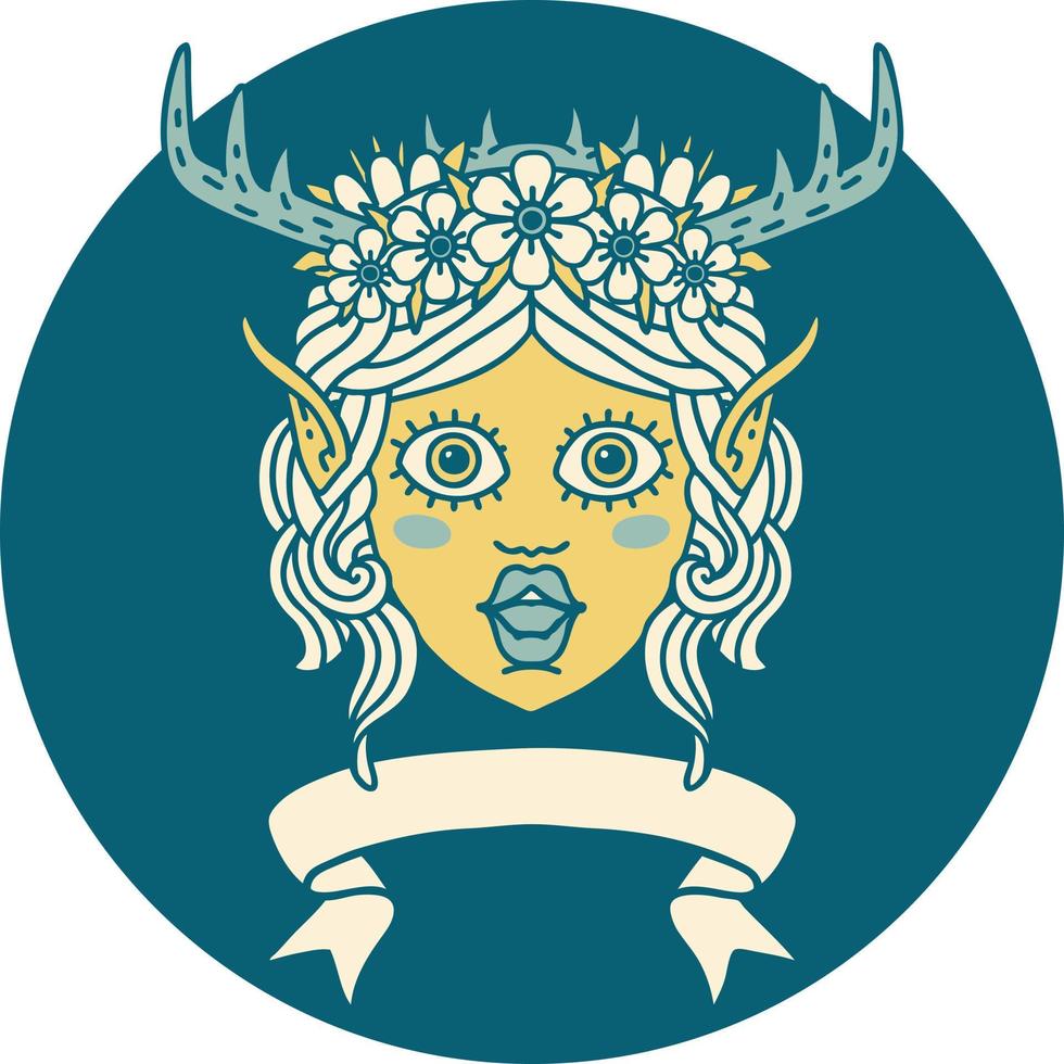 Retro Tattoo Style elf druid character face with banner vector