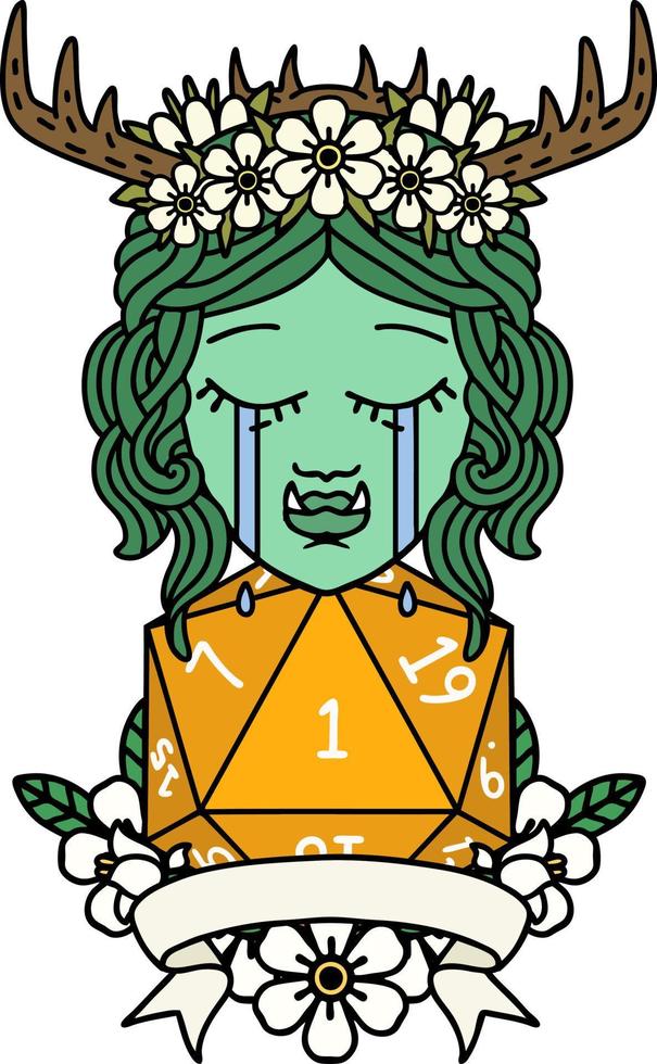 estilo de tatuaje retro personaje de druida orco llorando con un rollo natural vector