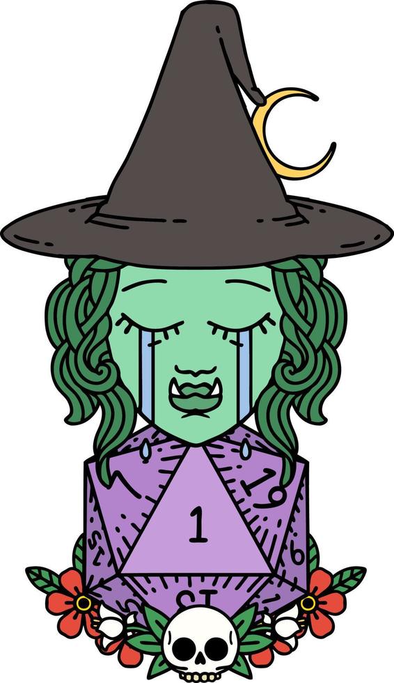Retro Tattoo Style sad half orc witch character with natural one D20 roll vector