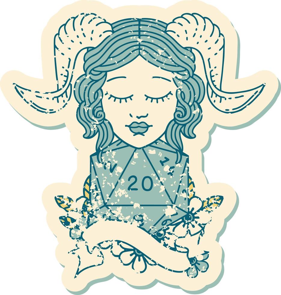 Retro Tattoo Style tiefling with natural twenty dice roll vector