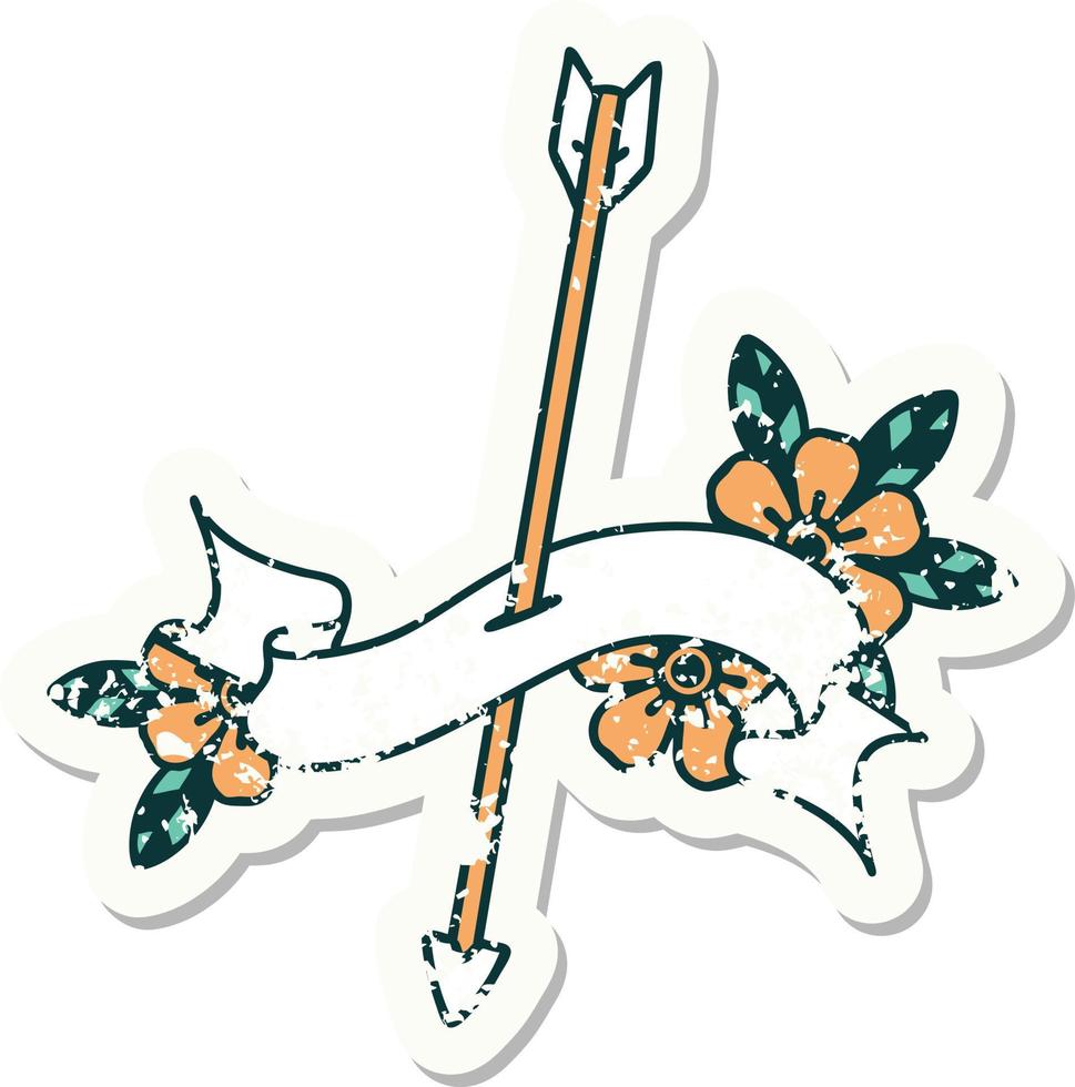 worn old sticker with banner of an arrow vector