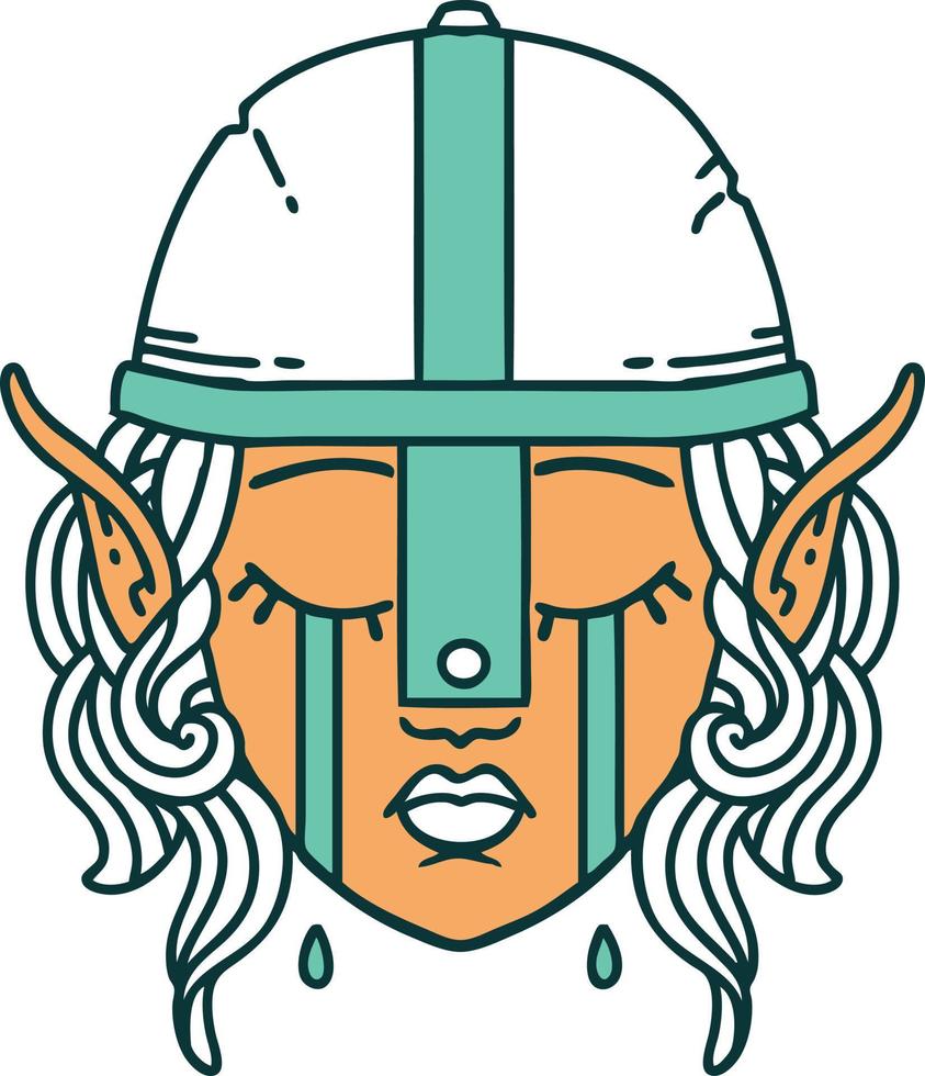 Retro Tattoo Style crying elven fighter character face vector