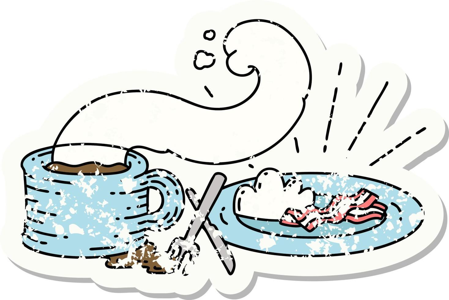 worn old sticker of a tattoo style breakfast and coffee vector