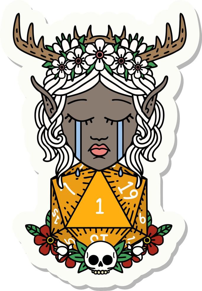 sticker of a crying elf druid character face with natural one D20 roll vector