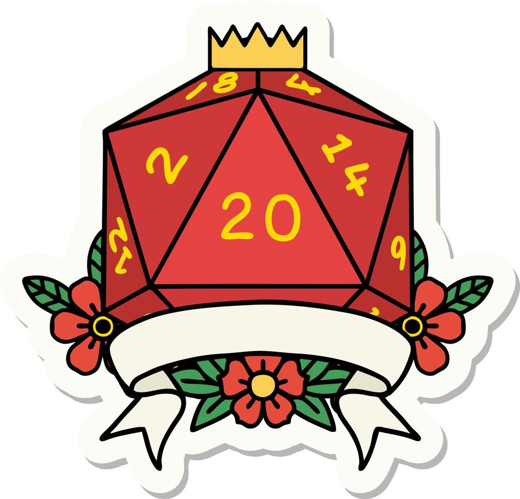 sticker of a natural 20 critical hit D20 dice roll vector